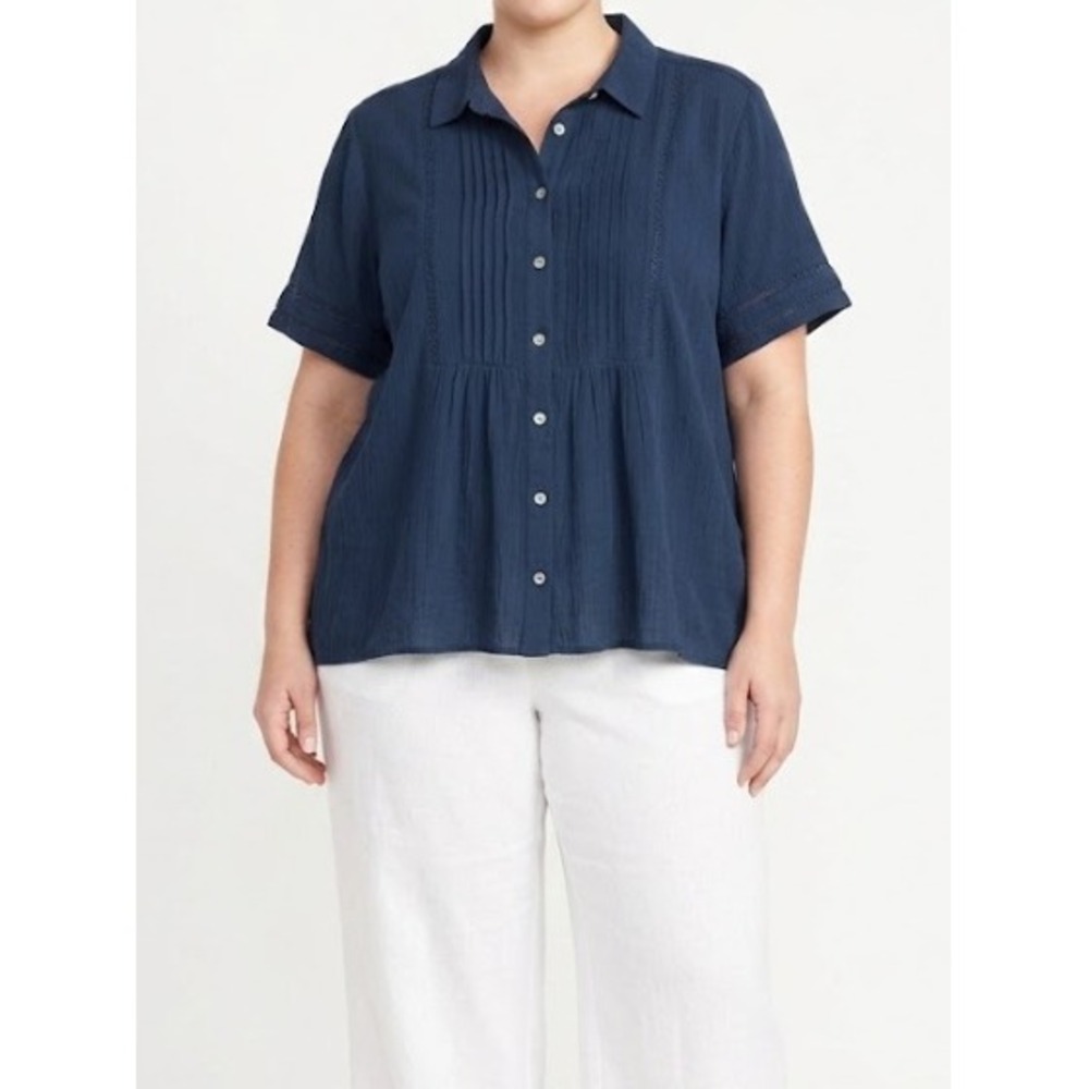 New Style & Co Pintuck Blouse XXL Blue Short Sleeve Lace Trim Boho Top